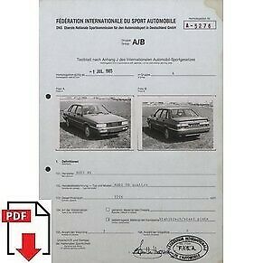 1985 Audi 90 Quattro FIA homologation form PDF download